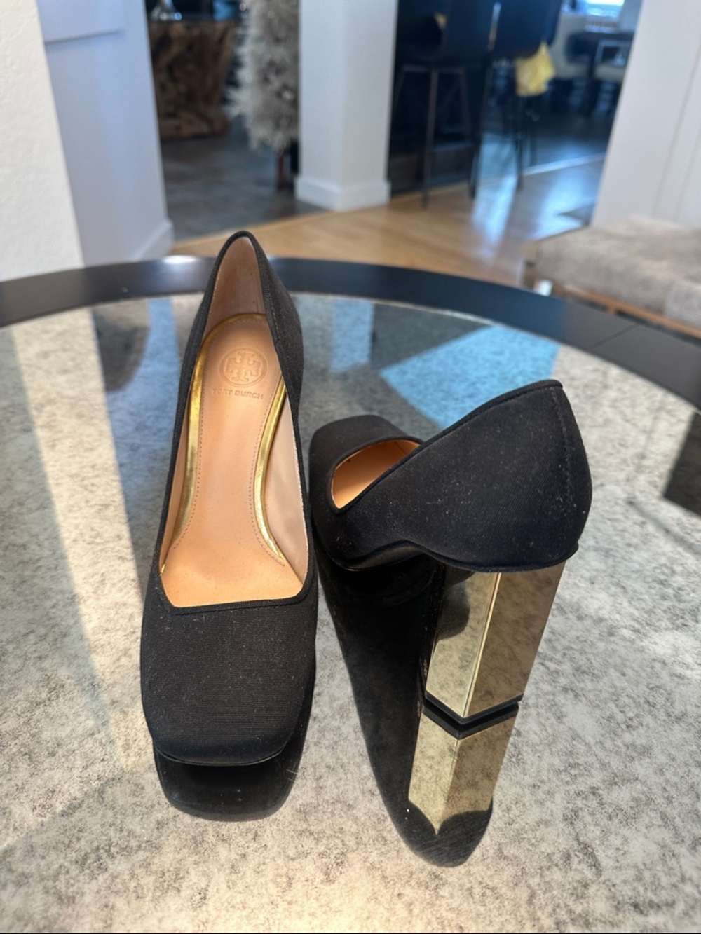 Tory Burch Black Round Toe Pumps with Gold Block Heel